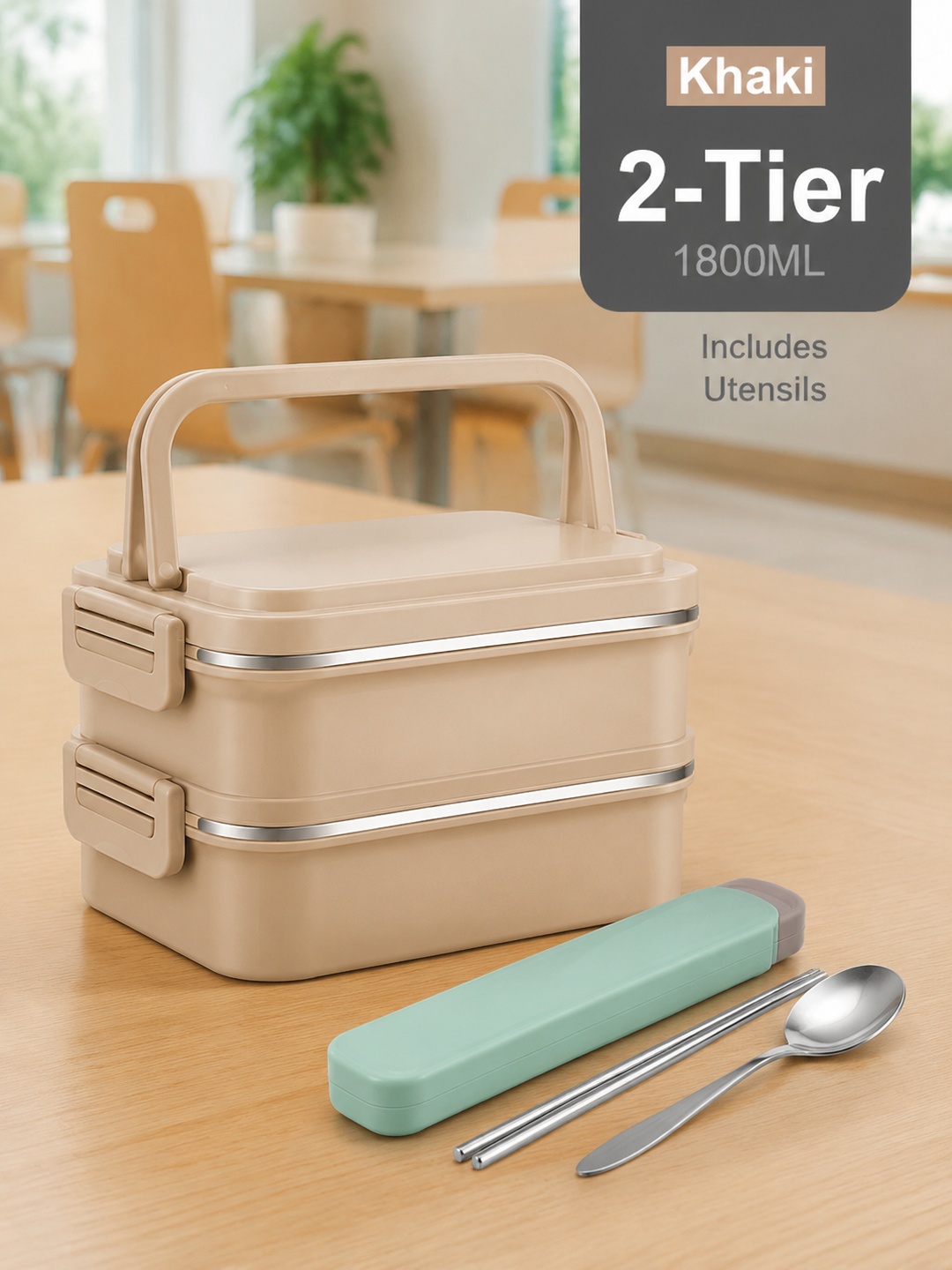 Beige 1800ml 2-Tier Stainless Steel Lunch Box with Utensils