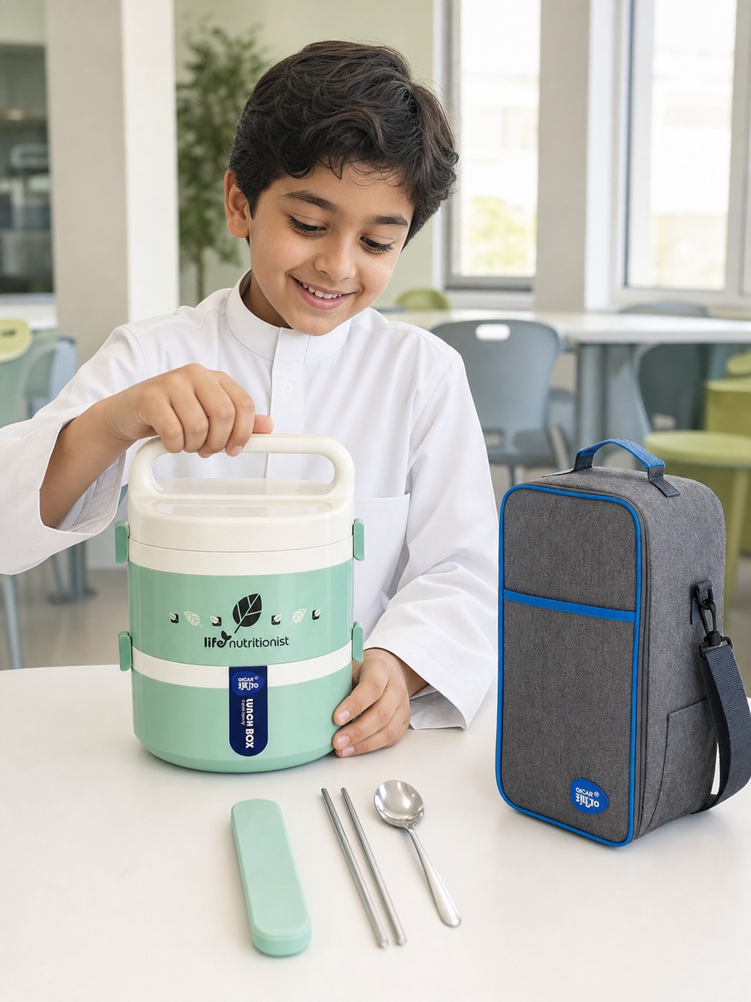 Green 2-Tier 1250ml Stainless Steel Lunch Box Set with Insulated Bag