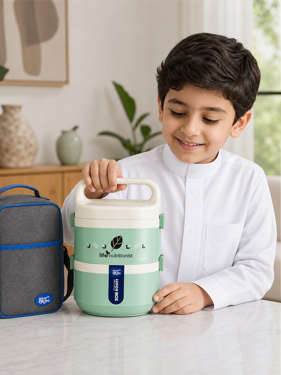 Green 2-Tier 1250ml Stainless Steel Lunch Box Set with Insulated Bag