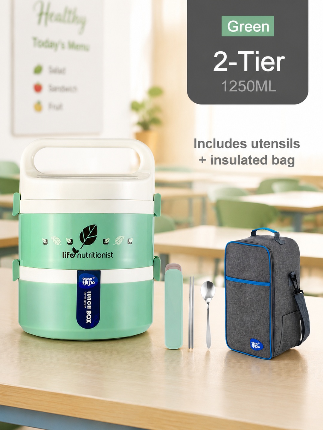 Green 2-Tier 1250ml Stainless Steel Lunch Box Set with Insulated Bag