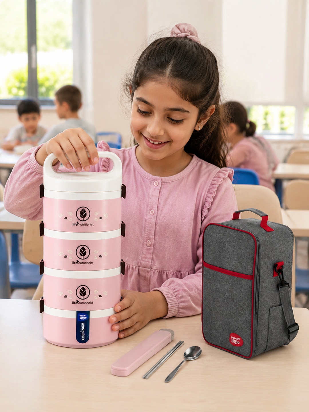 Pink 4-Tier 2450ml Insulated Lunch Box Set with Utensils and Bag