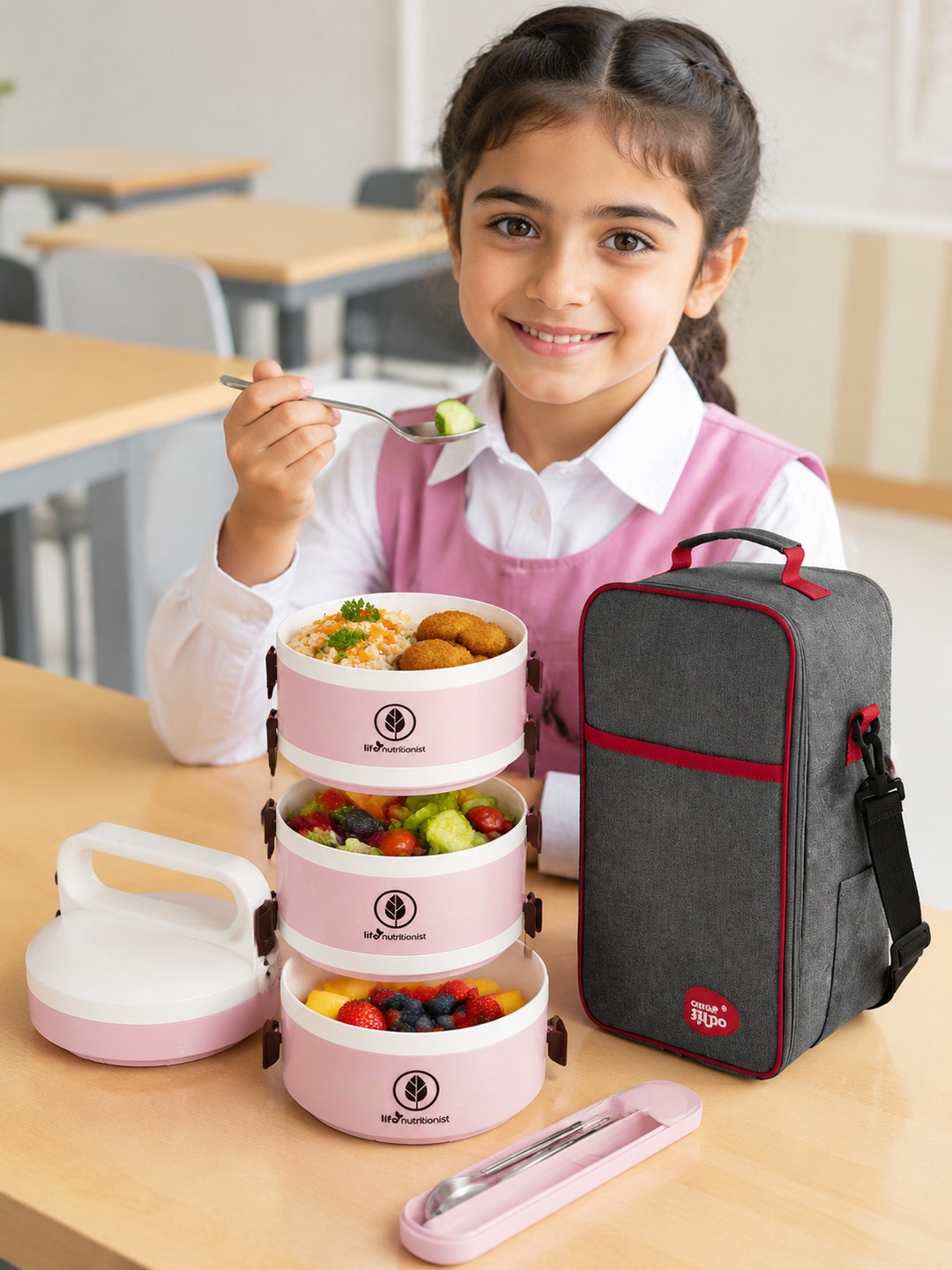 Pink 4-Tier 2450ml Insulated Lunch Box Set with Utensils and Bag