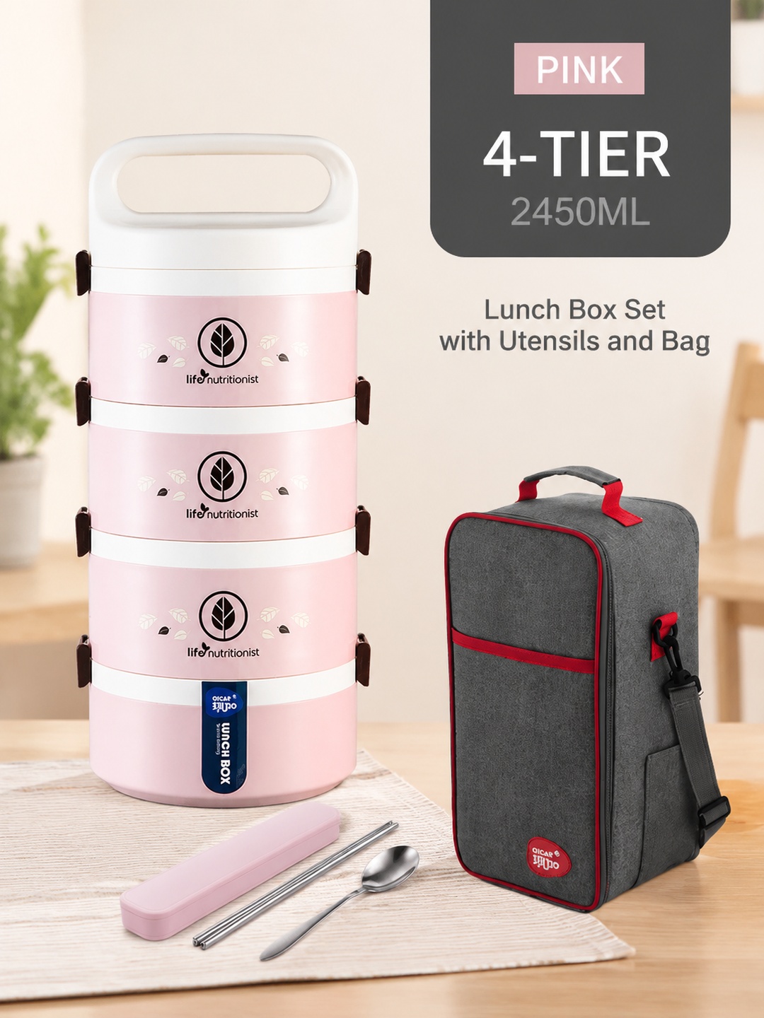 Pink 4-Tier 2450ml Insulated Lunch Box Set with Utensils and Bag