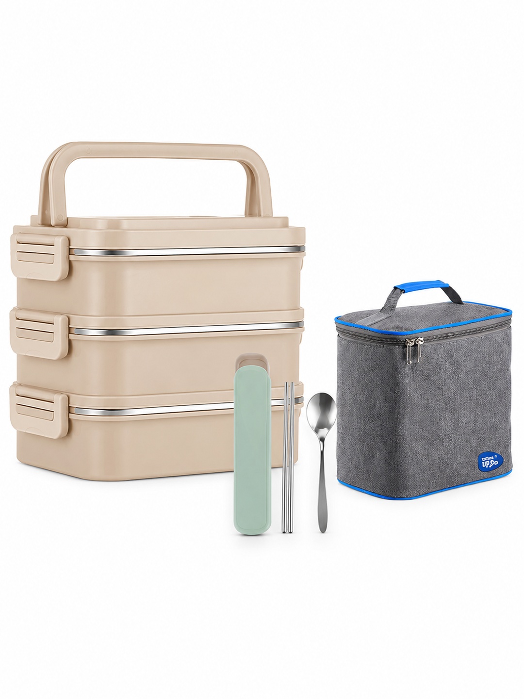 Beige 3-Tier 2700ml Stainless Steel Lunch Box Set with Insulated Bag