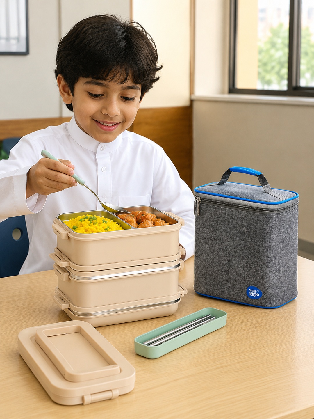 Beige 3-Tier 2700ml Stainless Steel Lunch Box Set with Insulated Bag