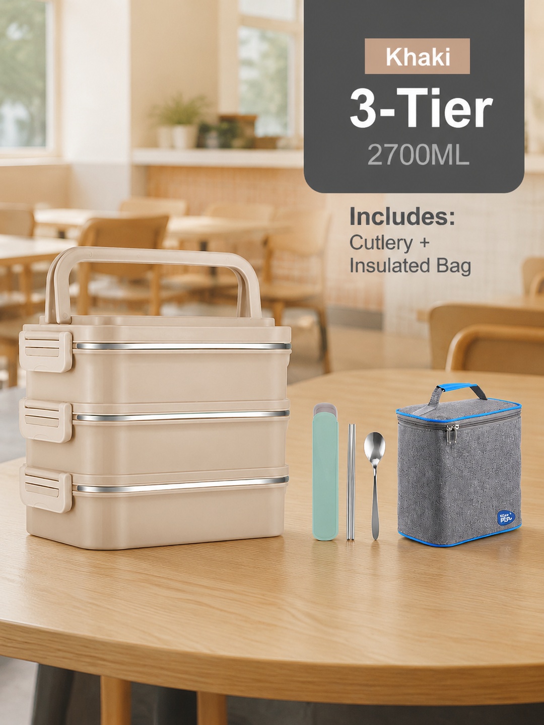 Beige 3-Tier 2700ml Stainless Steel Lunch Box Set with Insulated Bag