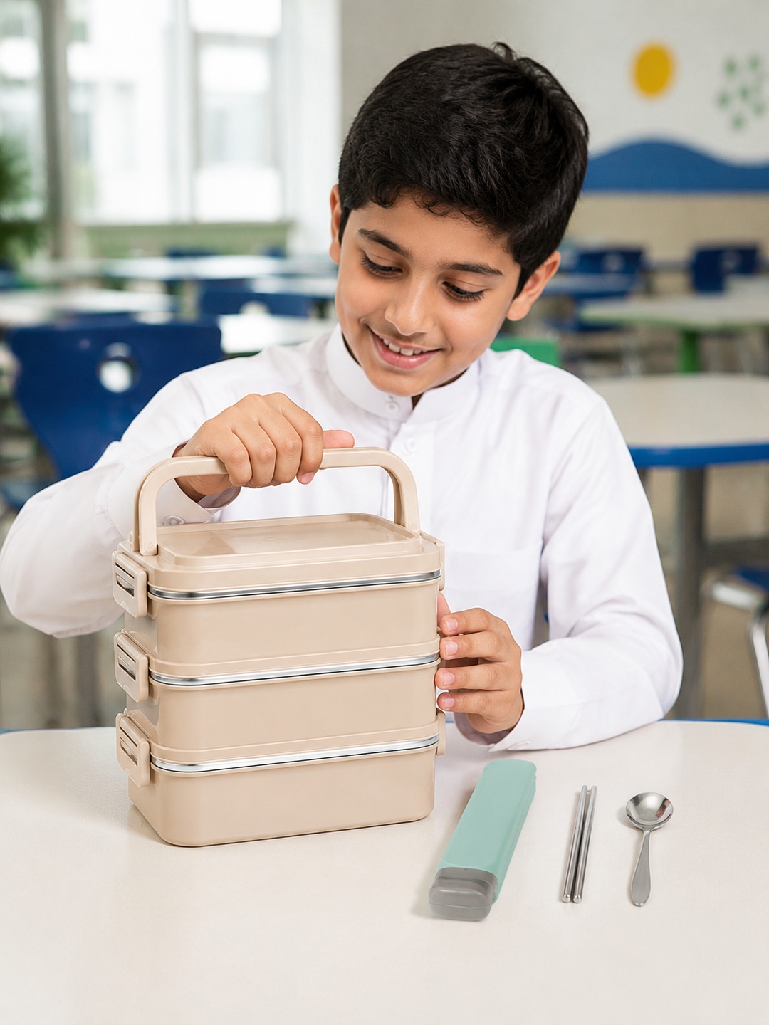 Khaki 3-Tier Insulated Lunch Box Set with Utensil Case, 2700 mL