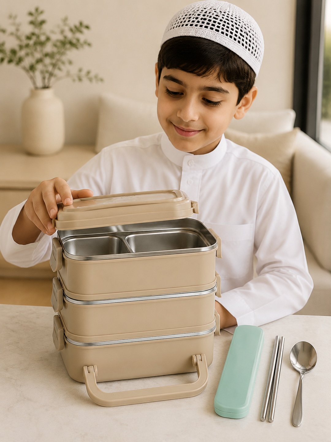 Khaki 3-Tier Insulated Lunch Box Set with Utensil Case, 2700 mL