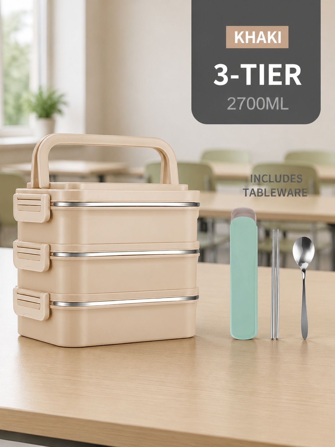 Khaki 3-Tier Insulated Lunch Box Set with Utensil Case, 2700 mL