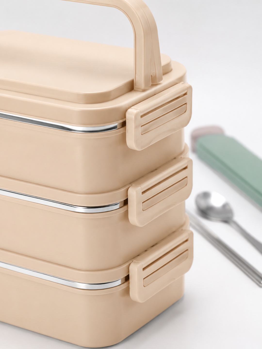 Khaki 3-Tier Insulated Lunch Box Set with Utensil Case, 2700 mL
