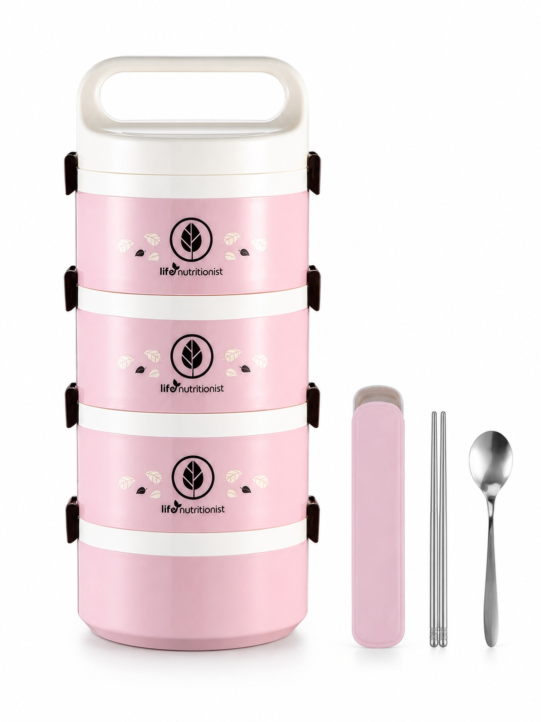 Pink 4-Tier 2450ml Insulated Lunch Box with Spoon and Chopsticks