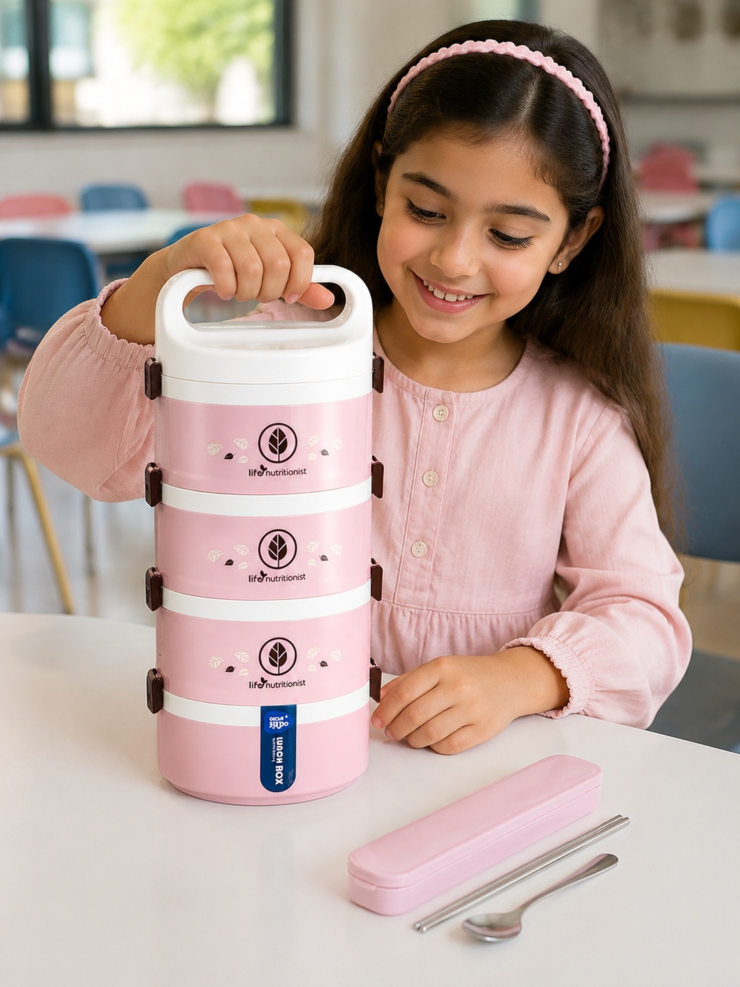 Pink 4-Tier 2450ml Insulated Lunch Box with Spoon and Chopsticks
