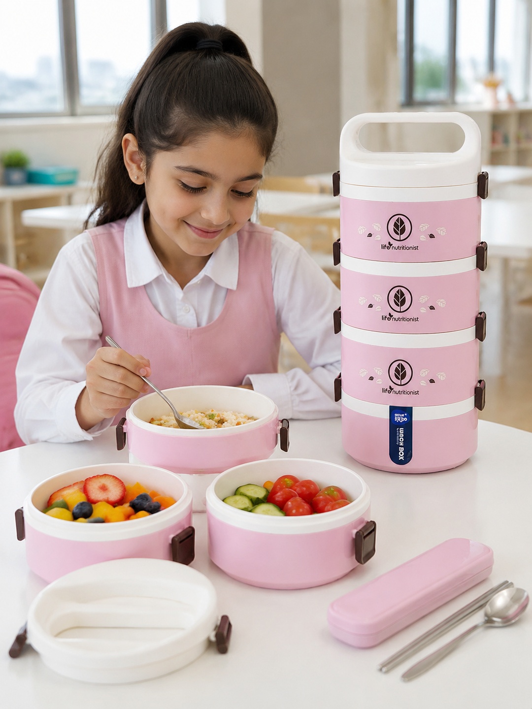 Pink 4-Tier 2450ml Insulated Lunch Box with Spoon and Chopsticks