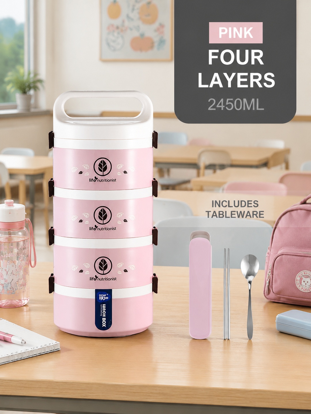 Pink 4-Tier 2450ml Insulated Lunch Box with Spoon and Chopsticks