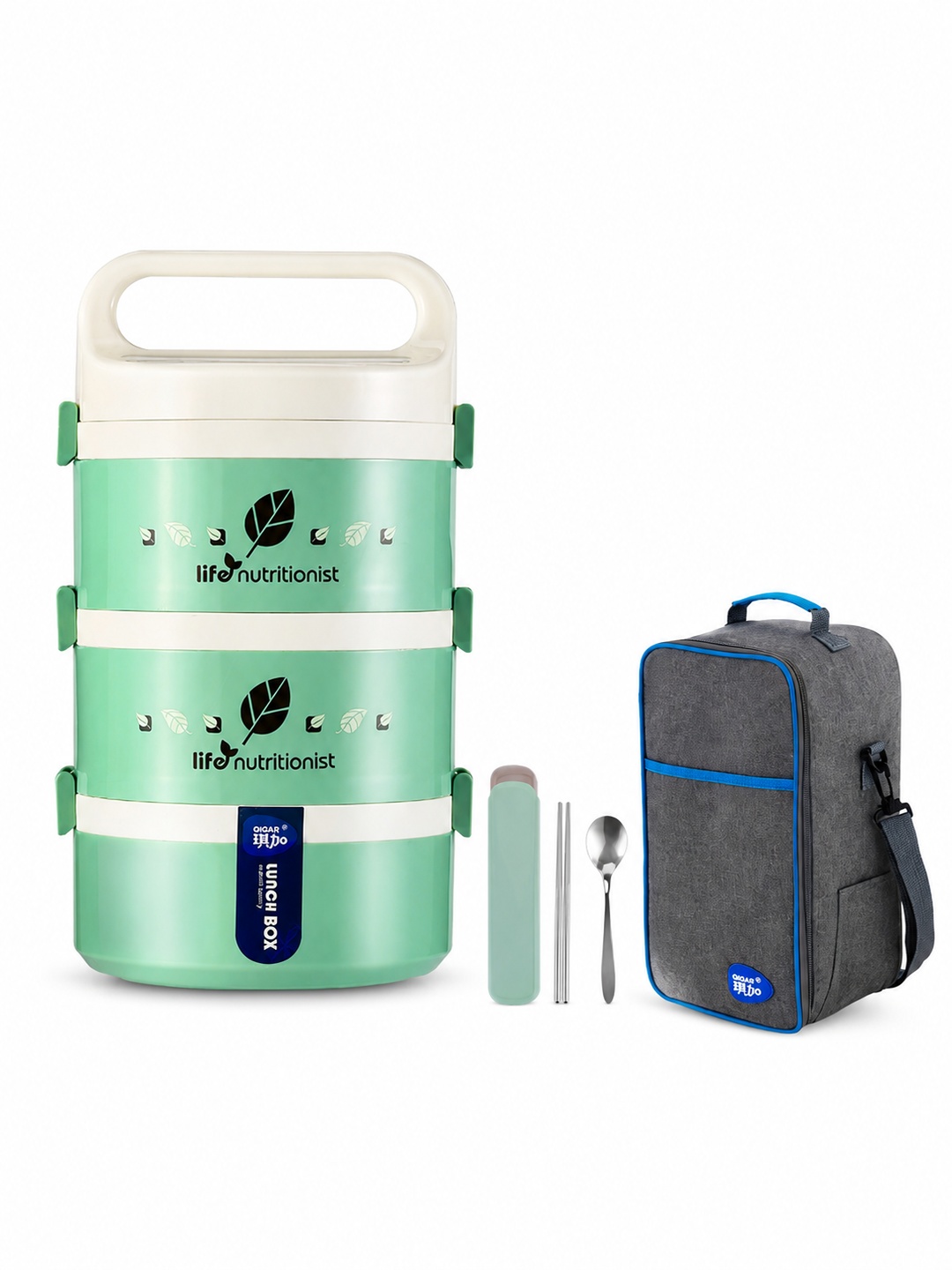 Green 1850ml Stainless Steel 3-Tier Lunch Box with Bag & Utensils