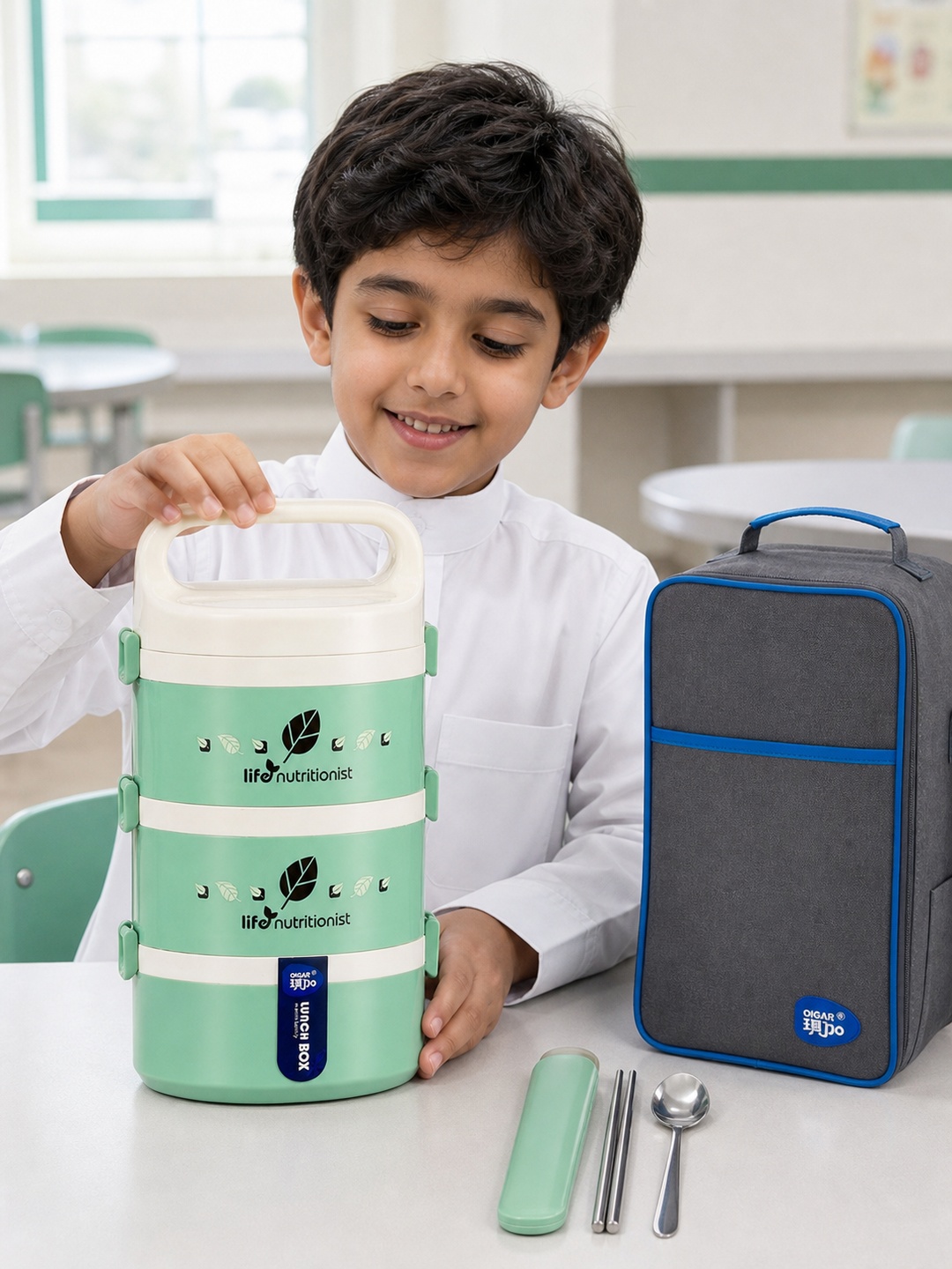 Green 1850ml Stainless Steel 3-Tier Lunch Box with Bag & Utensils