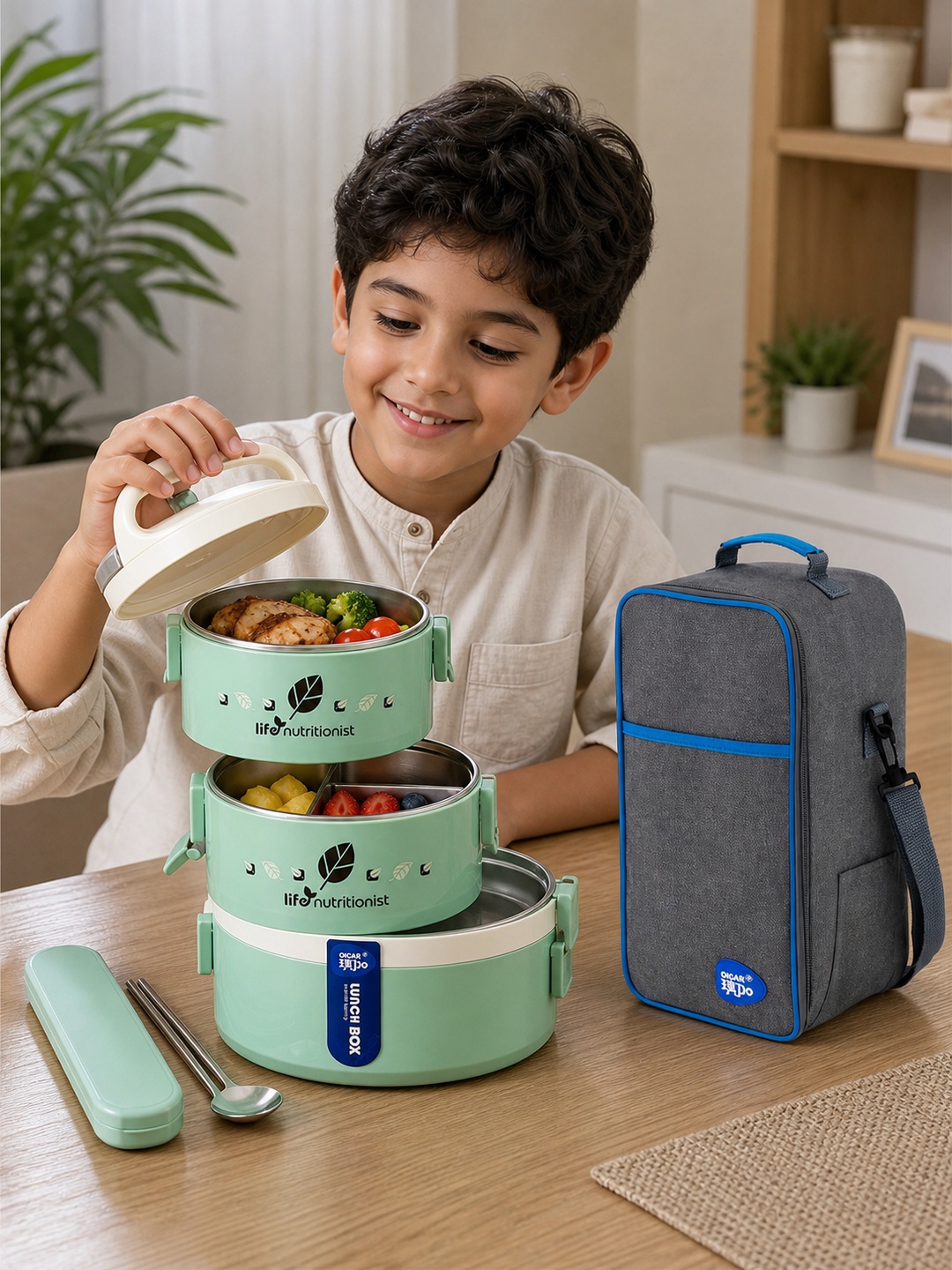 Green 1850ml Stainless Steel 3-Tier Lunch Box with Bag & Utensils