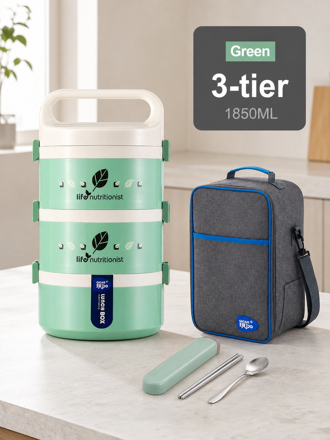 Green 1850ml Stainless Steel 3-Tier Lunch Box with Bag & Utensils
