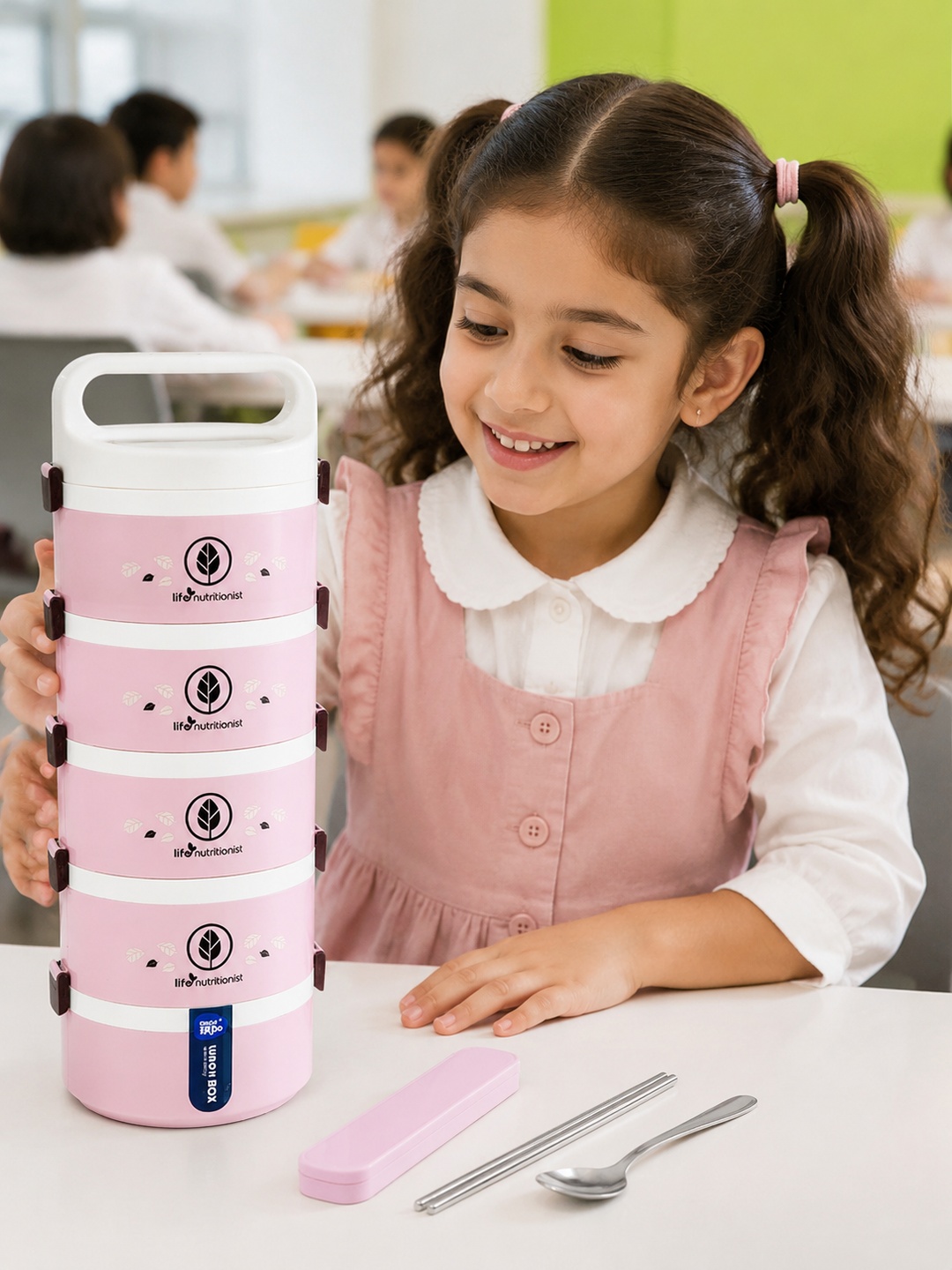 Pink 5-Tier 3050ml Stackable Lunch Box with Spoon and Chopsticks