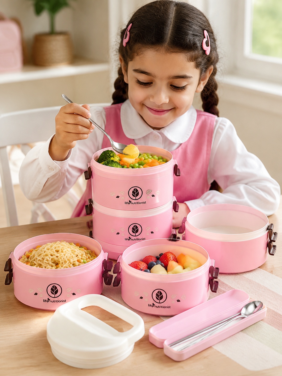 Pink 5-Tier 3050ml Stackable Lunch Box with Spoon and Chopsticks