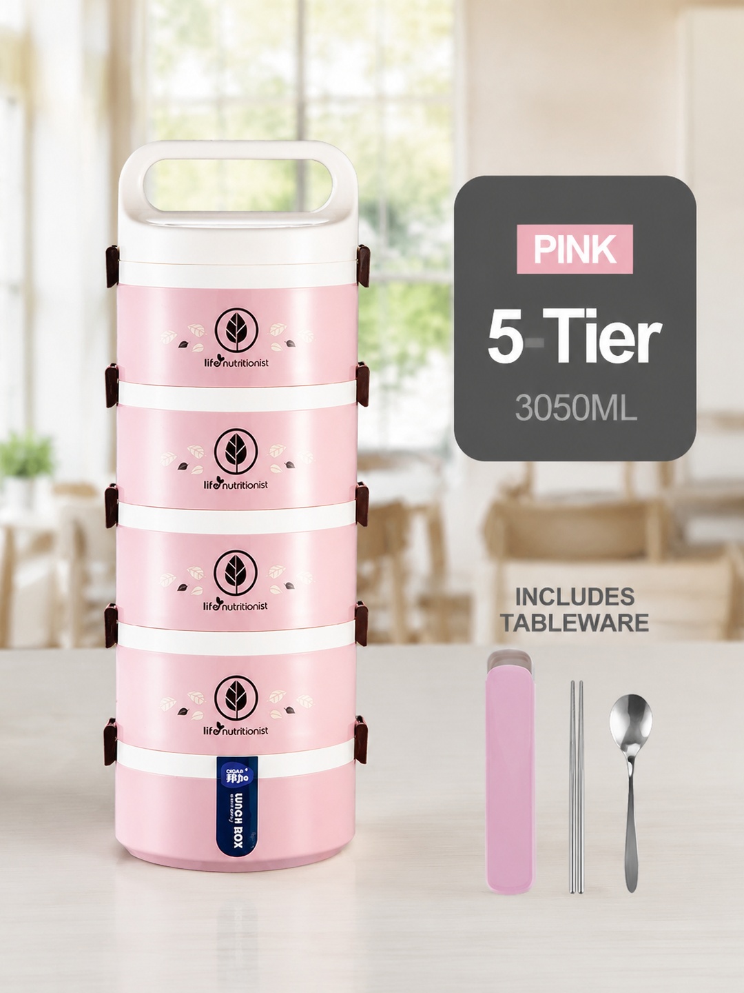 Pink 5-Tier 3050ml Stackable Lunch Box with Spoon and Chopsticks