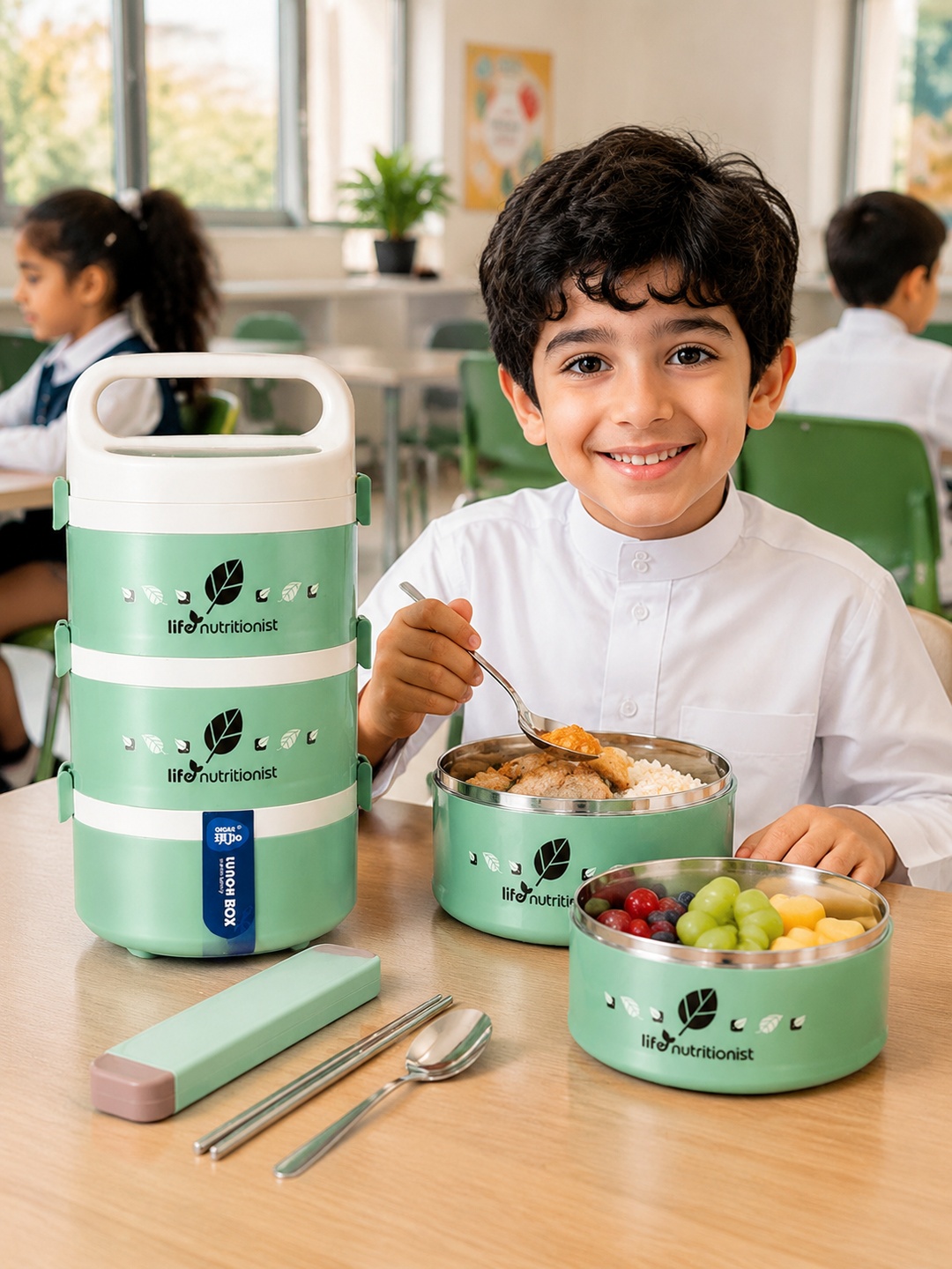 Green 3-Tier Stainless Steel Insulated Lunch Box Set, 1850ml
