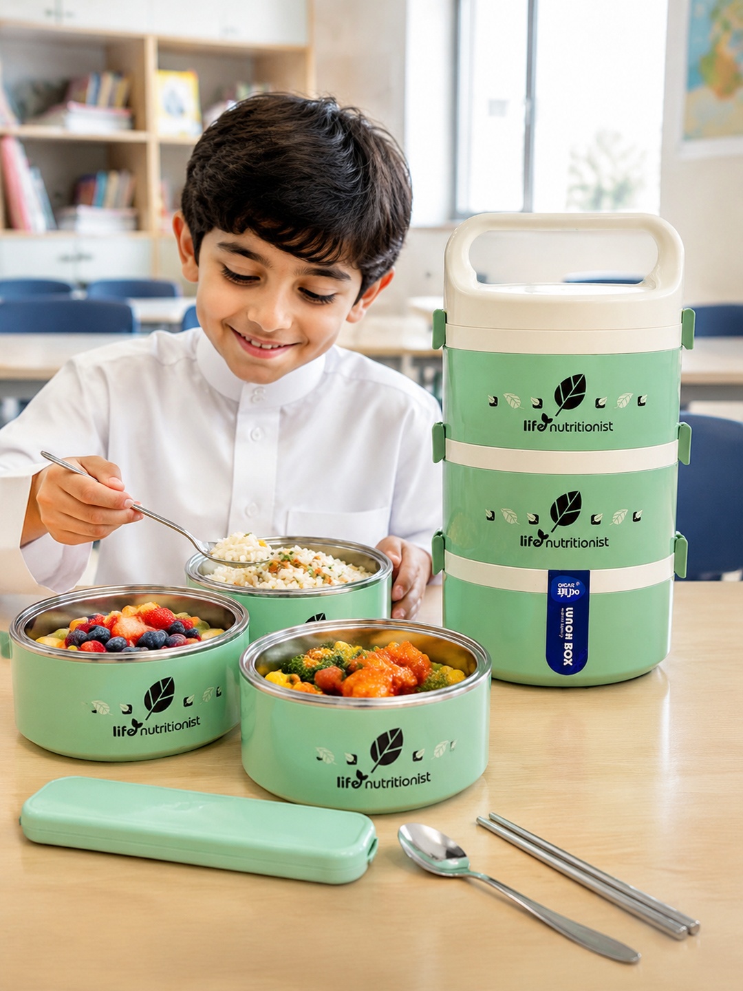 Green 3-Tier Stainless Steel Insulated Lunch Box Set, 1850ml