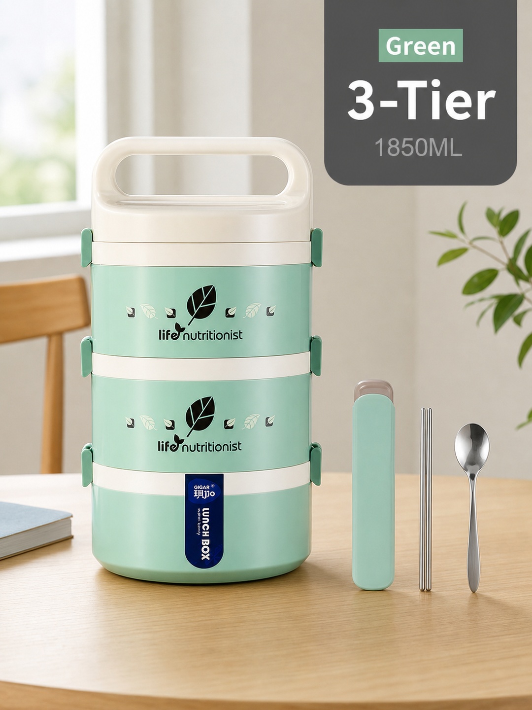 Green 3-Tier Stainless Steel Insulated Lunch Box Set, 1850ml