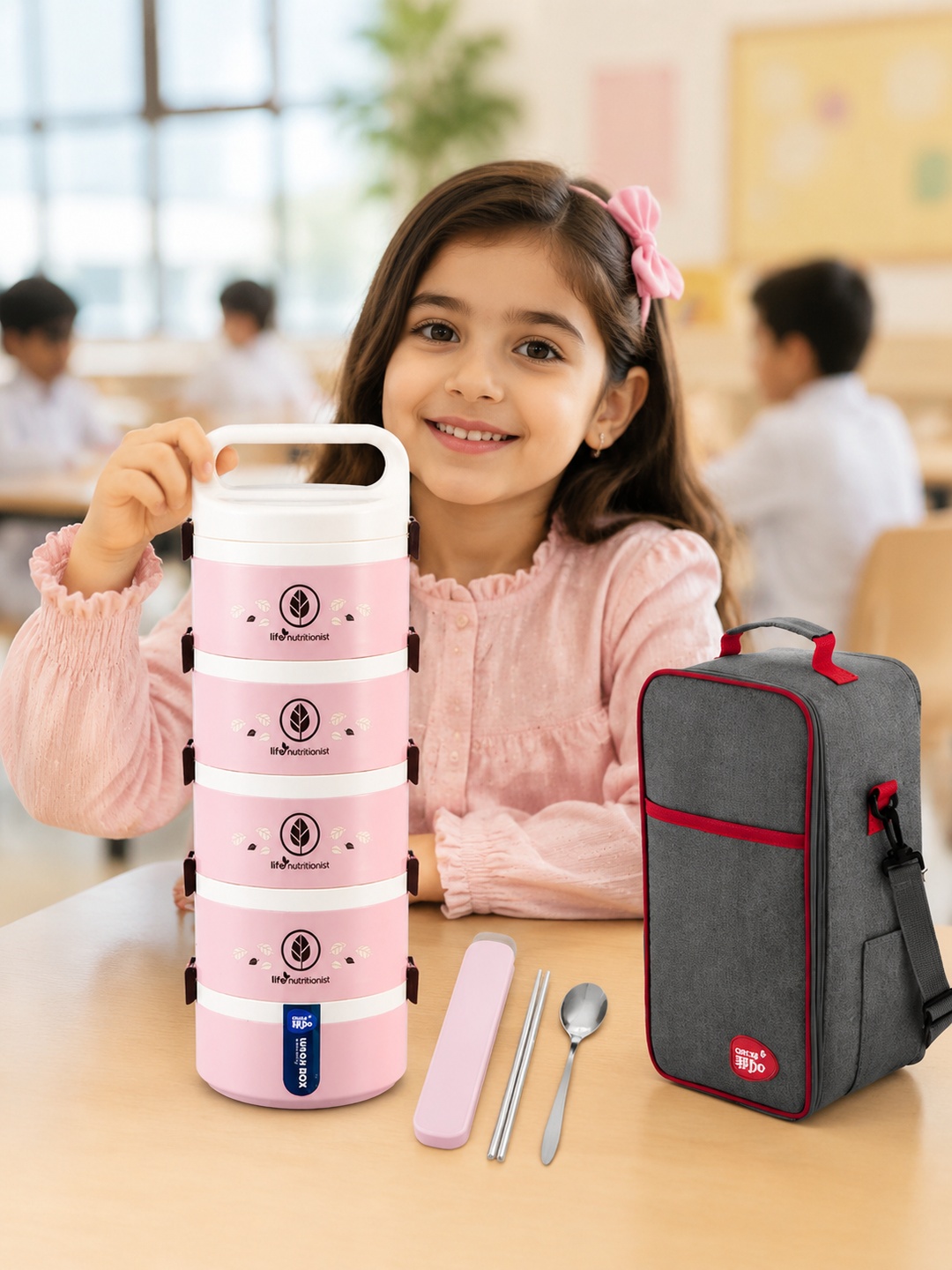 Pink 5-Tier 3050ml Lunch Box Set with Utensils and Insulated Bag