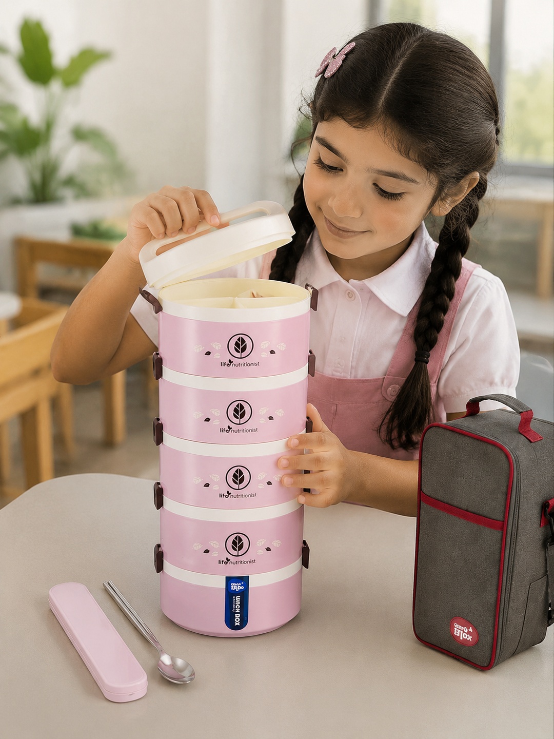 Pink 5-Tier 3050ml Lunch Box Set with Utensils and Insulated Bag