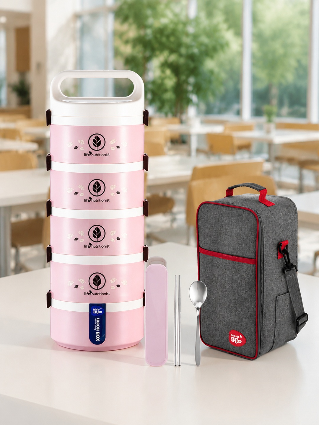 Pink 5-Tier 3050ml Lunch Box Set with Utensils and Insulated Bag