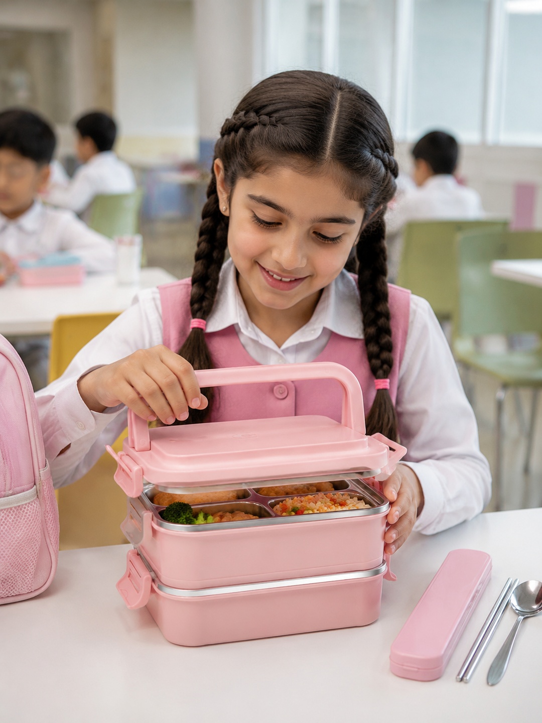 Pink 2-Tier 1800ml Stainless Steel Lunch Box with Cutlery