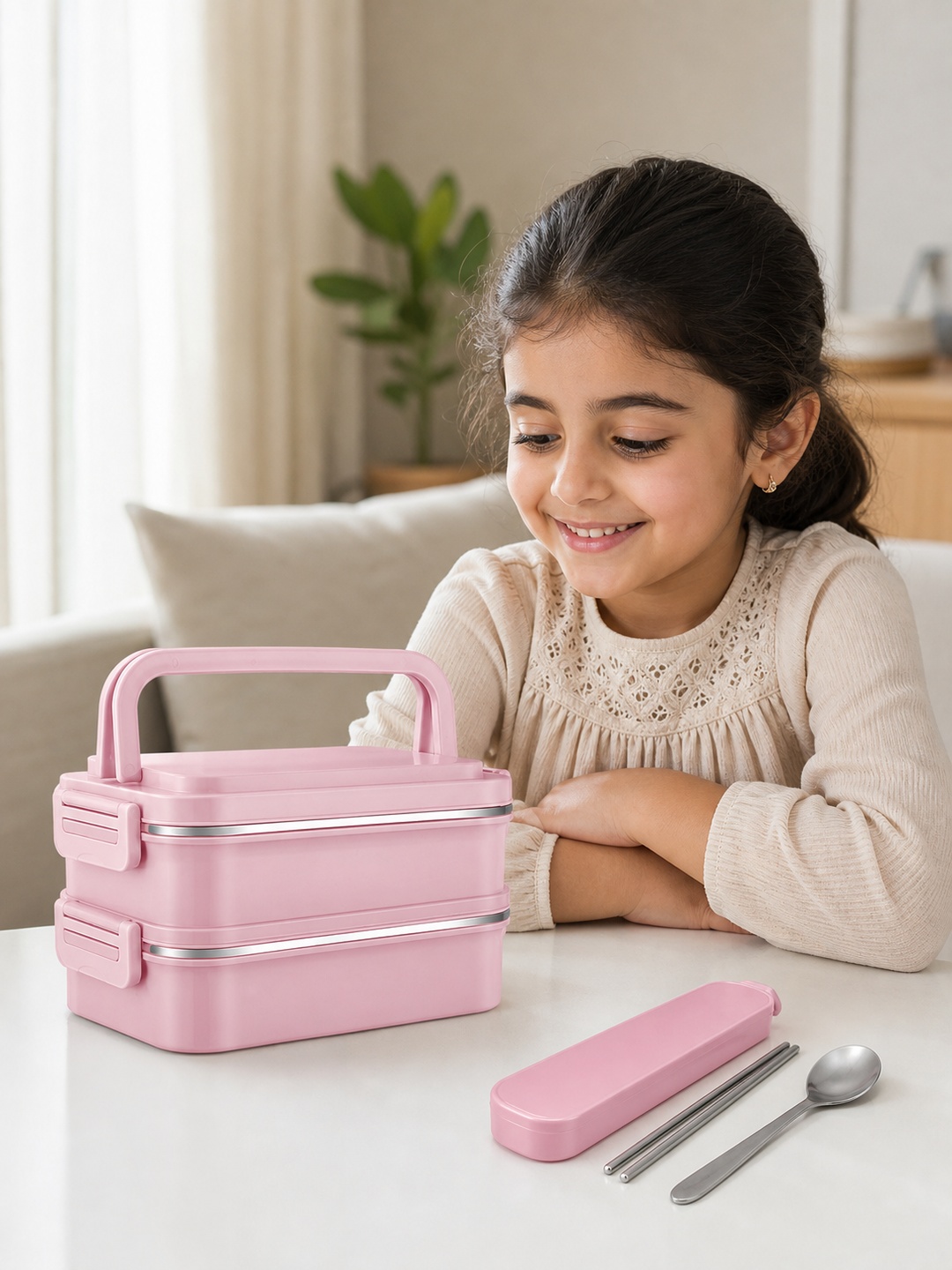 Pink 2-Tier 1800ml Stainless Steel Lunch Box with Cutlery
