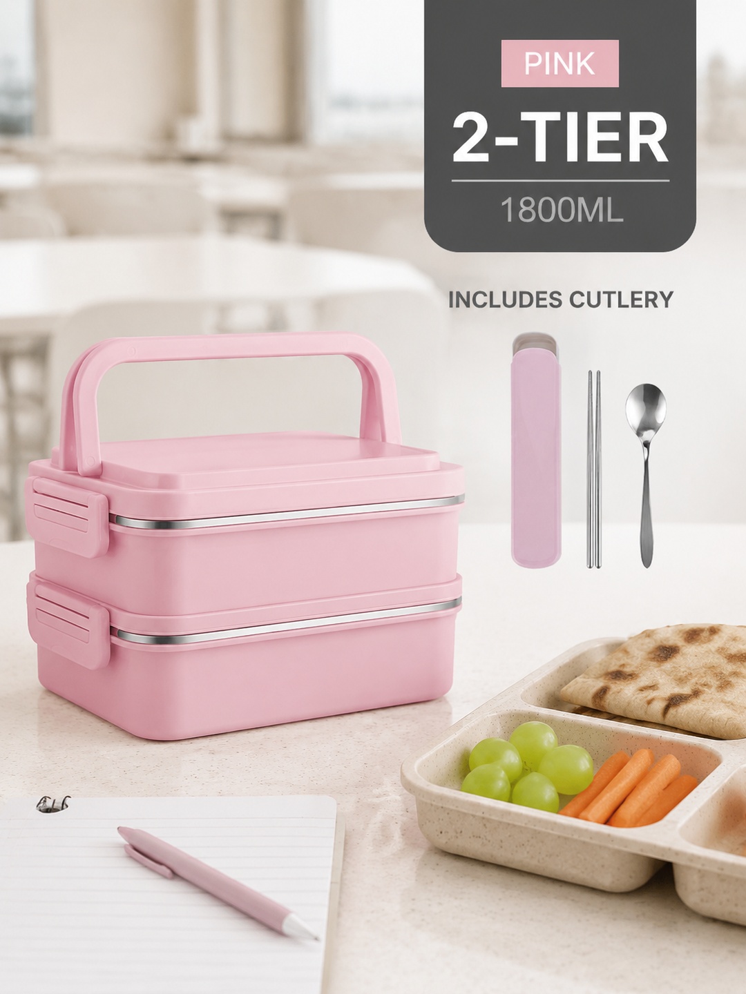 Pink 2-Tier 1800ml Stainless Steel Lunch Box with Cutlery