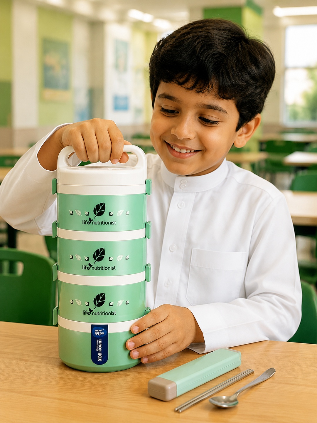 4-Tier Green Insulated Stainless Steel Lunch Box with Utensils