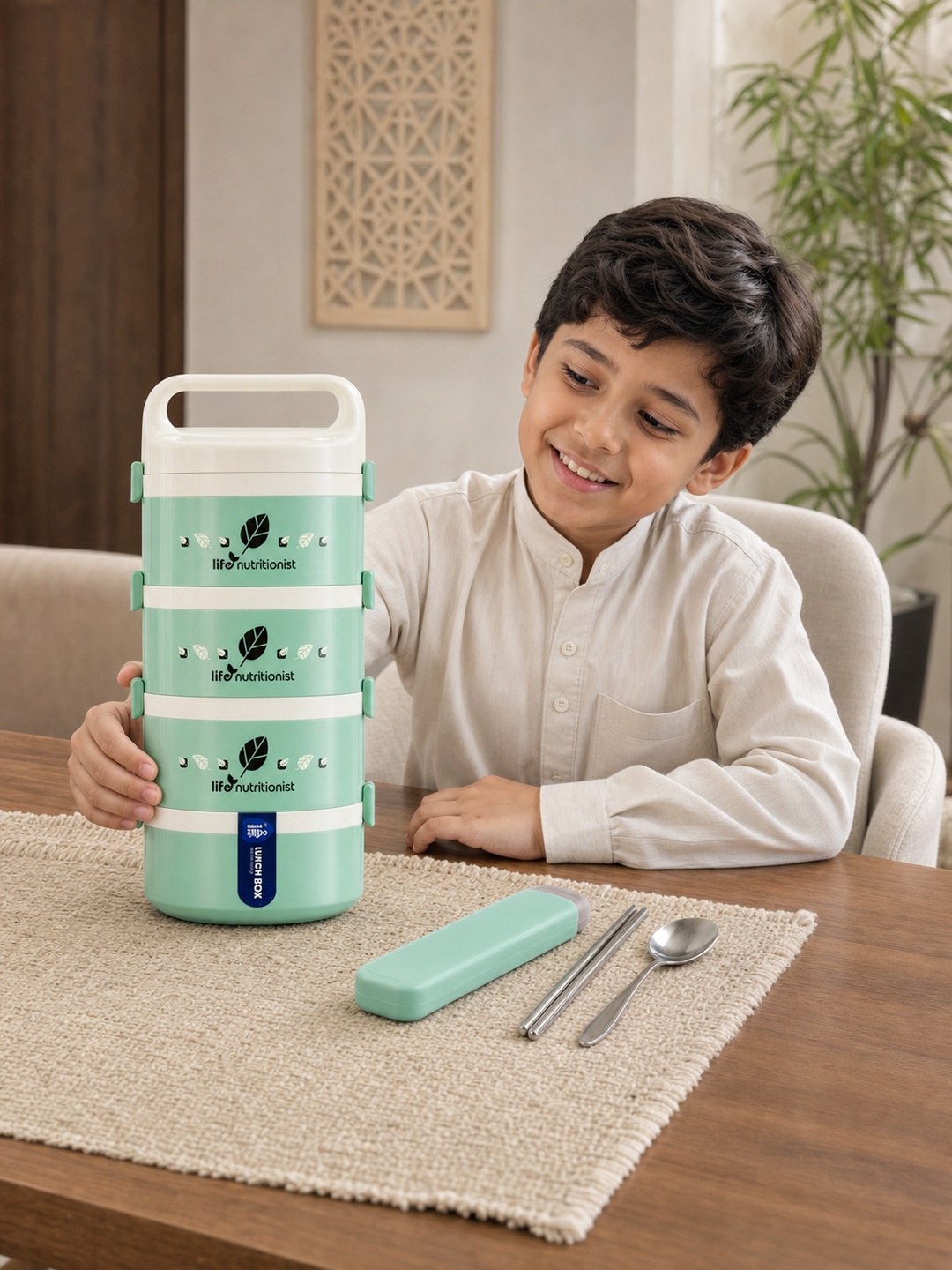 4-Tier Green Insulated Stainless Steel Lunch Box with Utensils