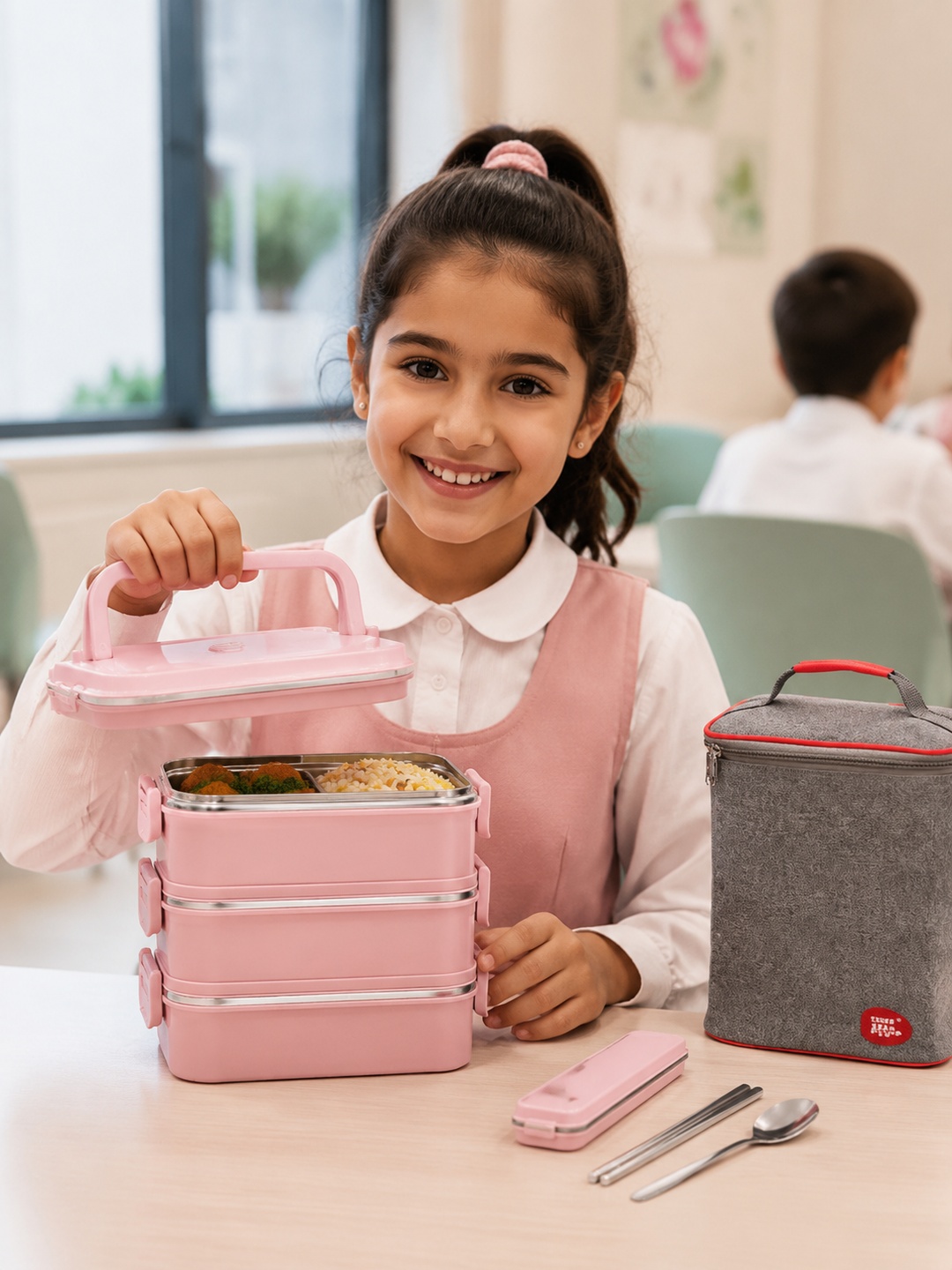Pink 3-Tier 2700ml Stainless Steel Lunch Box with Insulated Bag and