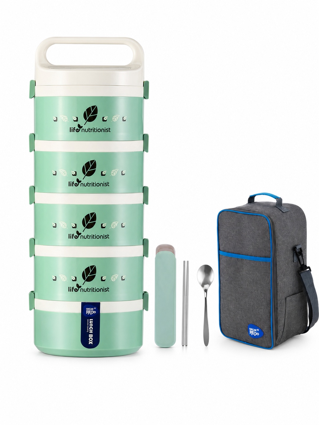 Green 5-Tier Stainless Steel Insulated Lunch Box Set with Bag