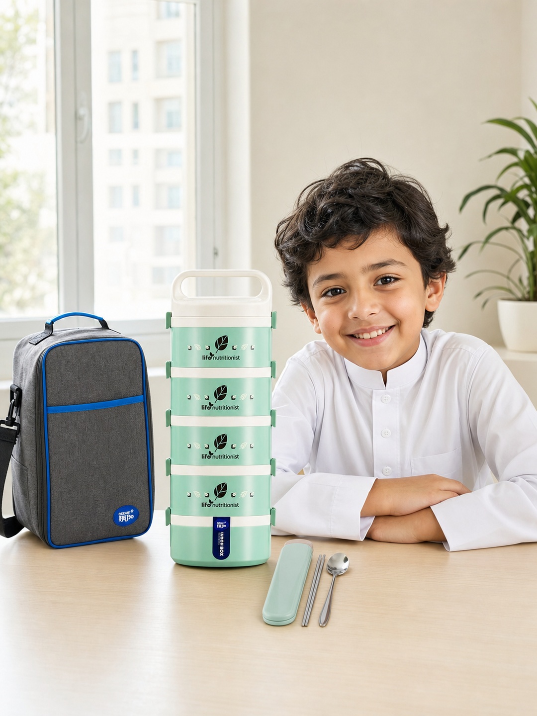 Green 5-Tier Stainless Steel Insulated Lunch Box Set with Bag