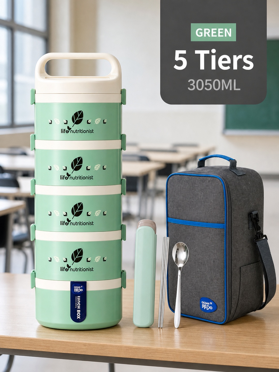 Green 5-Tier Stainless Steel Insulated Lunch Box Set with Bag