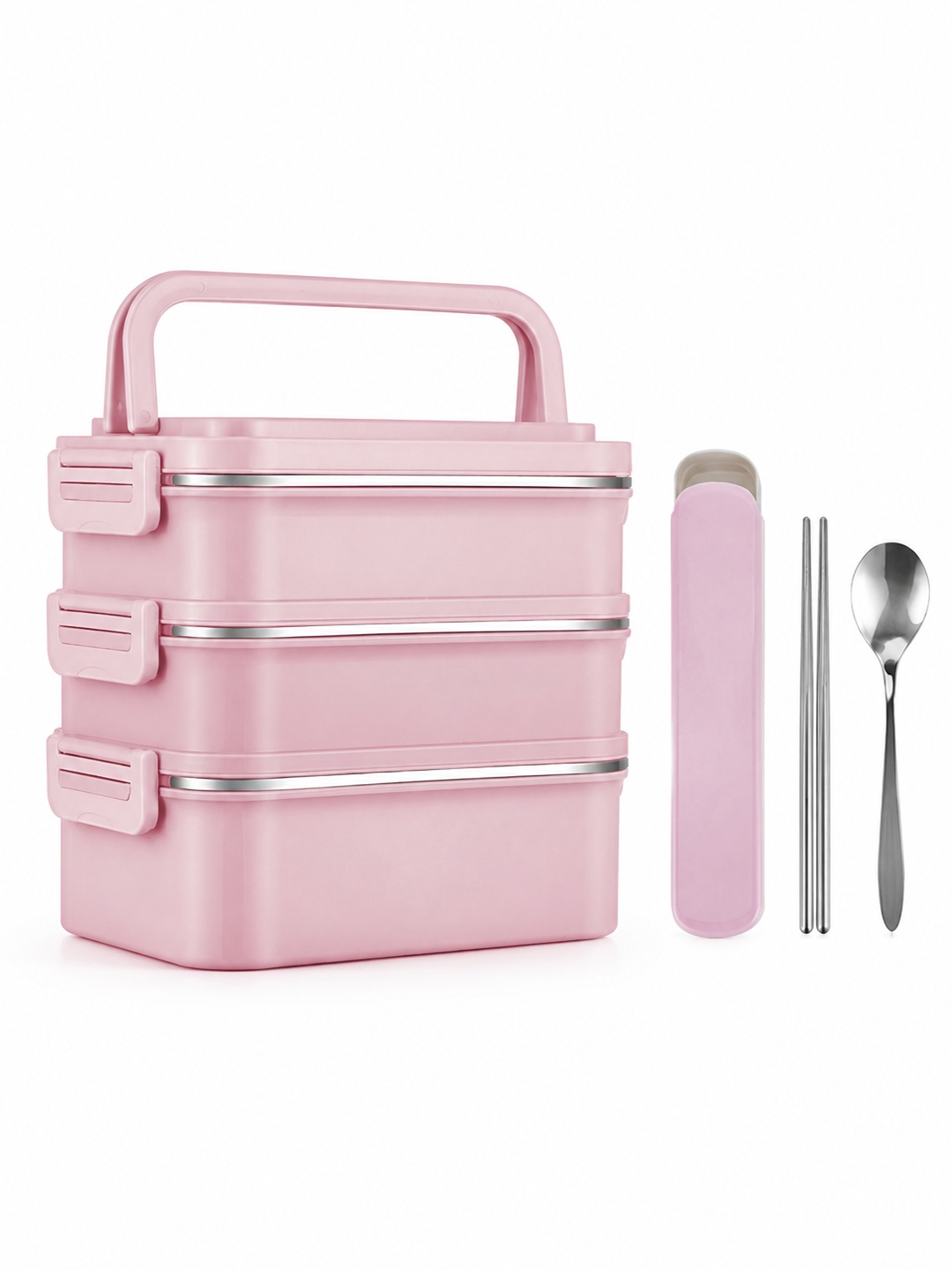 Pink 3-Tier 2700ml Stainless Steel Lunch Box with Utensils