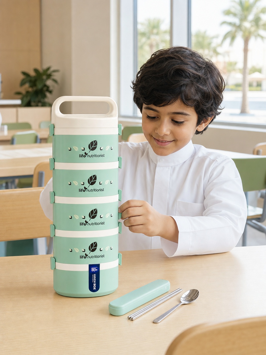 Green 5-Tier 3050ml Stainless Steel Lunch Box with Utensils