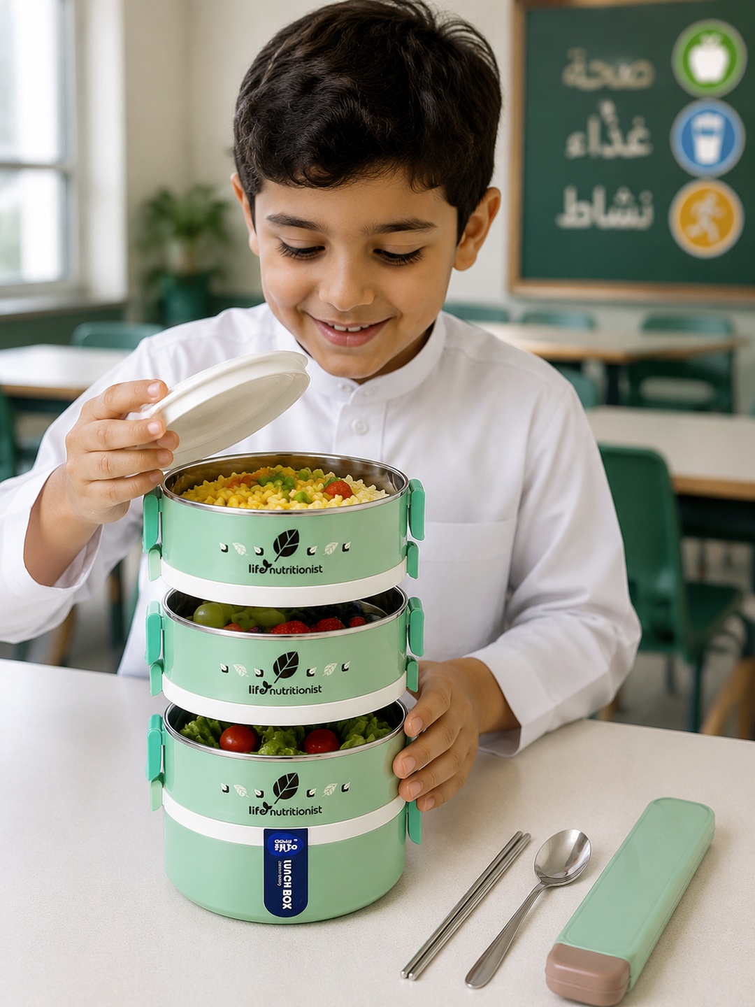 Green 5-Tier 3050ml Stainless Steel Lunch Box with Utensils