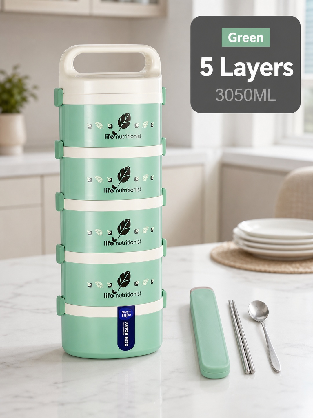 Green 5-Tier 3050ml Stainless Steel Lunch Box with Utensils