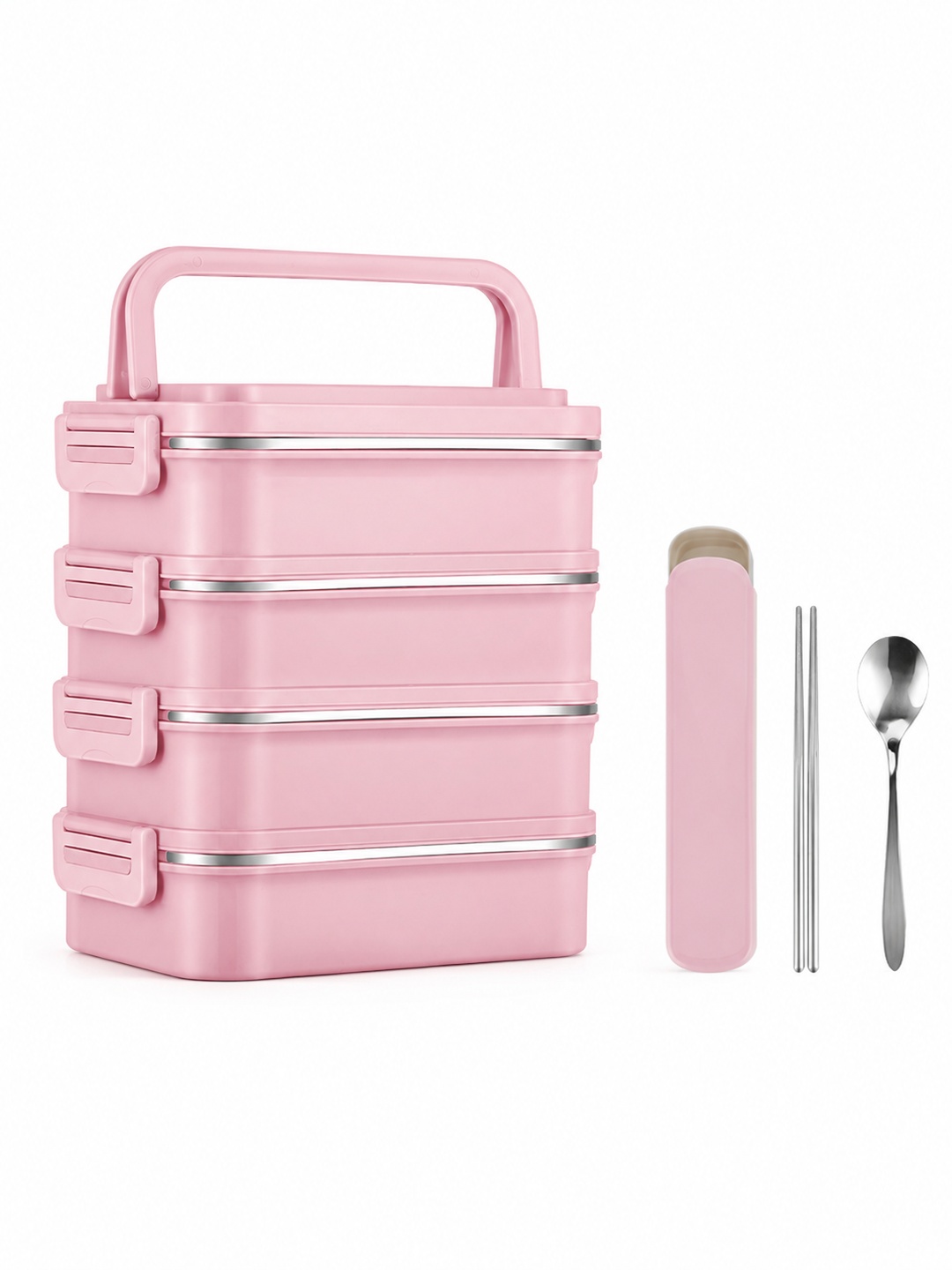Pink 4-Tier 3600ml Stainless Steel Lunch Box with Spoon and Chopsticks