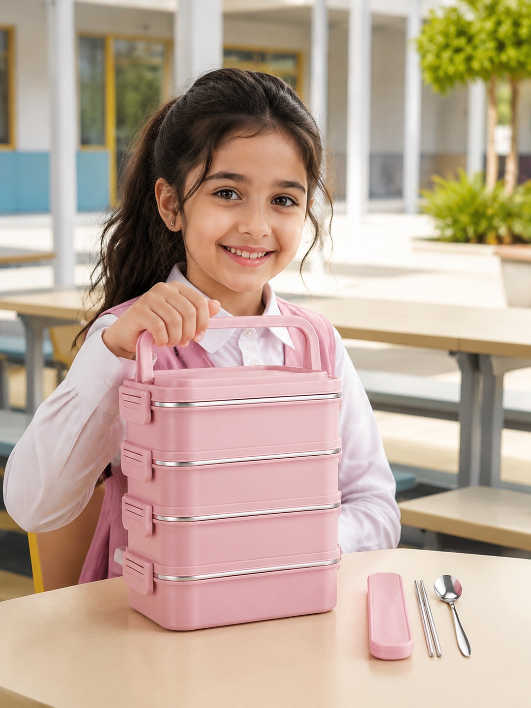 Pink 4-Tier 3600ml Stainless Steel Lunch Box with Spoon and Chopsticks