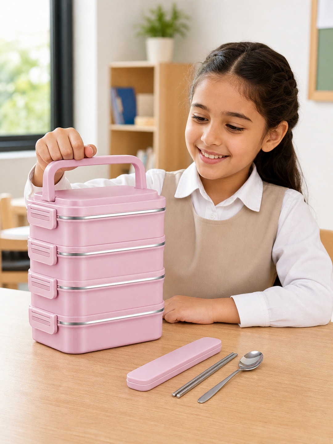 Pink 4-Tier 3600ml Stainless Steel Lunch Box with Spoon and Chopsticks
