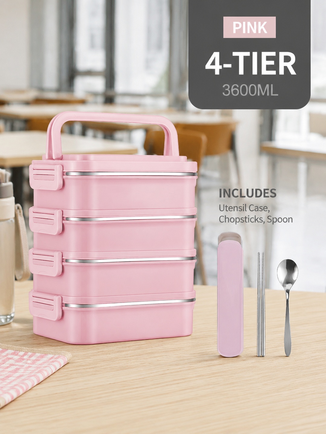 Pink 4-Tier 3600ml Stainless Steel Lunch Box with Spoon and Chopsticks