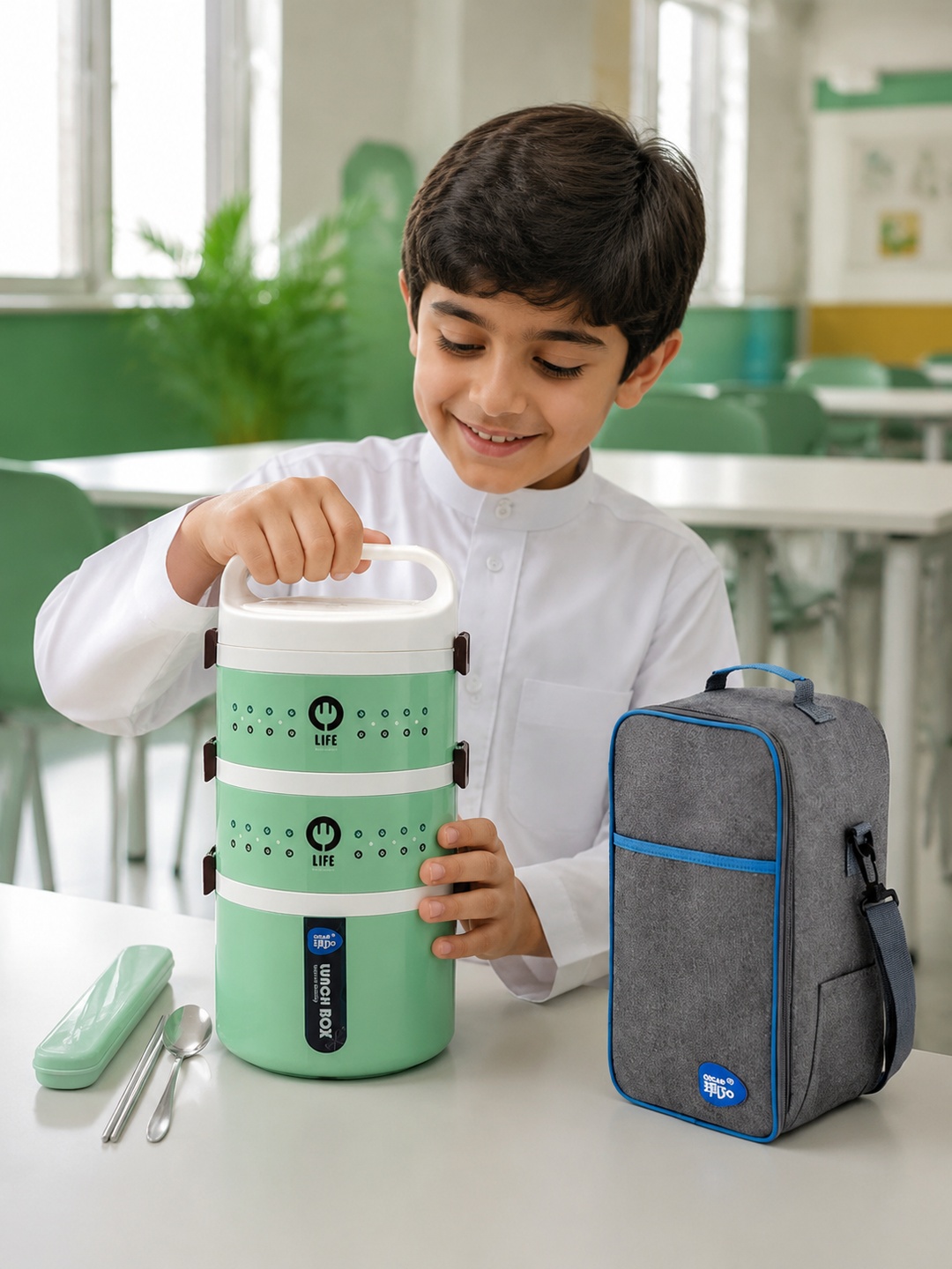 Green 3-Tier 2450ml Insulated Lunch Box with Utensils and Bag