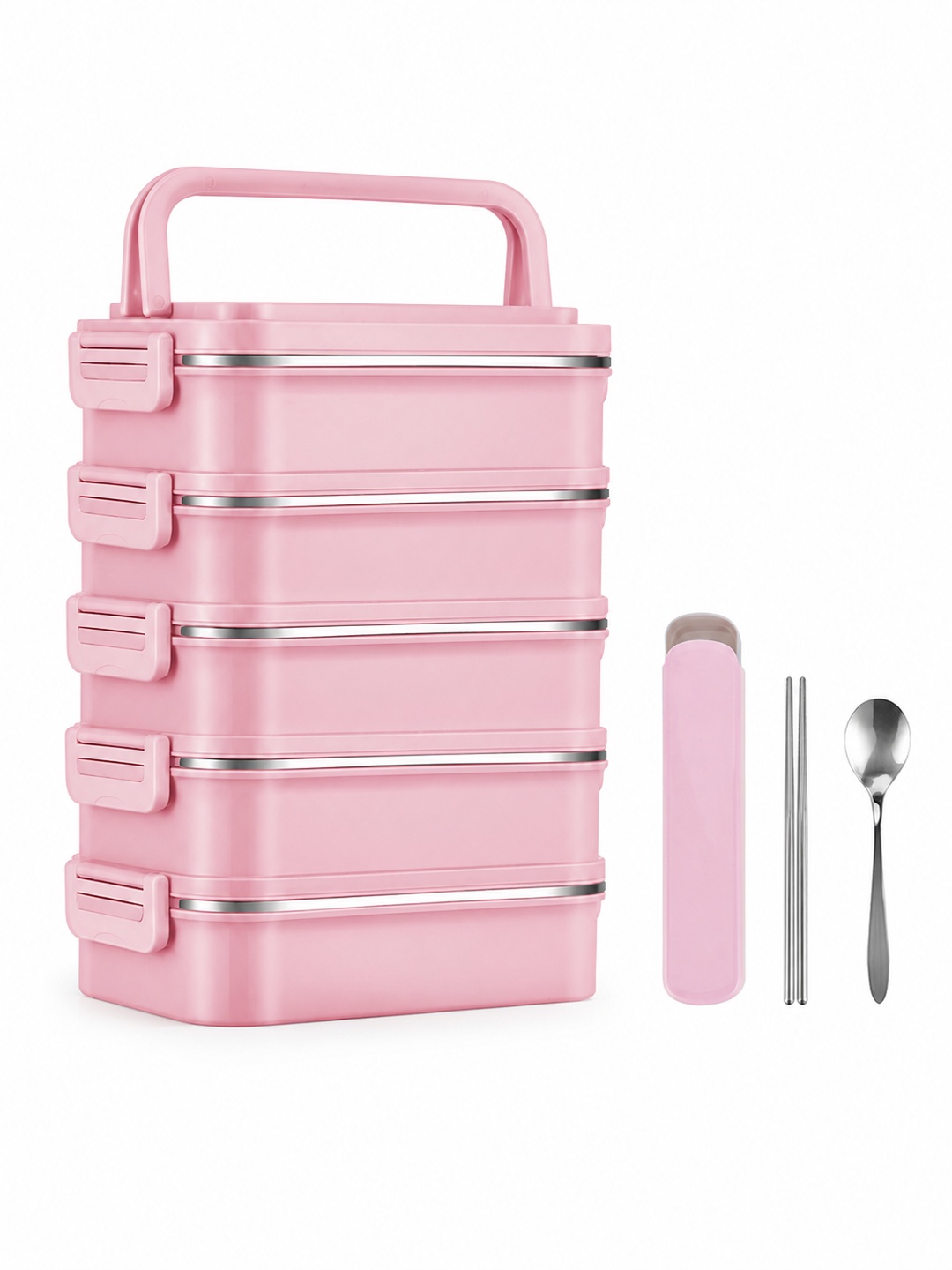 Pink 5-Tier 4500ml Stainless Steel Lunch Box with Cutlery